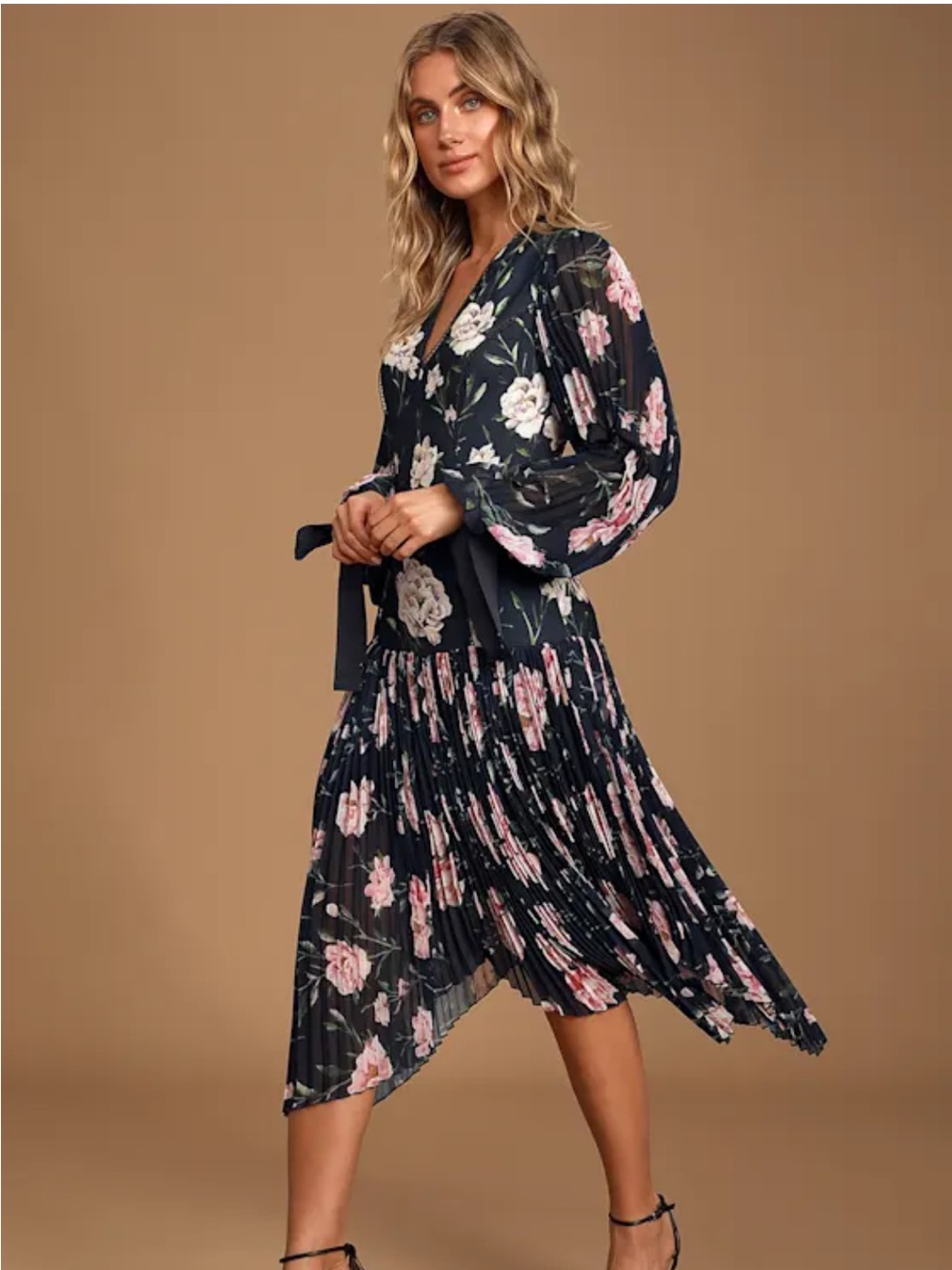 Navy Blue Floral Print Pleated Long Sleeve Midi Dress LuLus